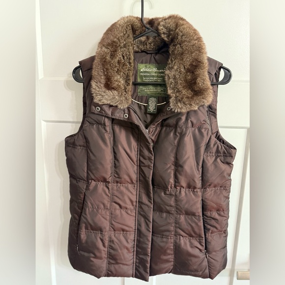 Eddie Bauer Brown Premium Goose Down Puffer Vest Faux Fur Collar Women’s M - Picture 1 of 12